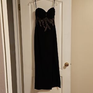 Mon Cheri Strapless Black Evening Gown w/ Ruched & Beaded (Gold) Top, Side Split
